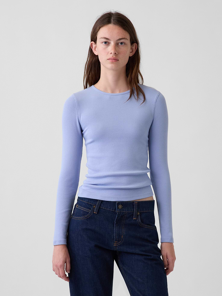 Image 1 of 4, Soft, stretch ribbed cotton-modal blend T-shirt in a slightly cropped length., Crewneck., Long sleeves., Certain styles have allover stripes., Explore our GapTees Guide ., Product #874457