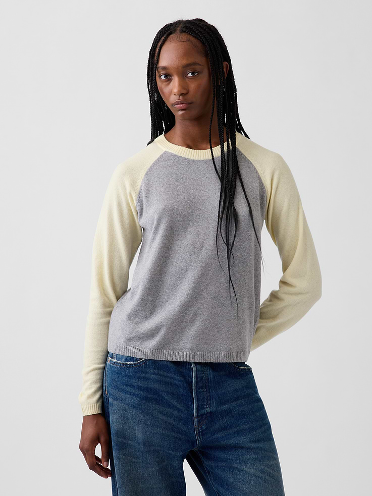 Image 1 of 5, Supersoft cotton-blend baseball sweater. In a relaxed fit., Crewneck., Long raglan sleeves., Ribbed hem., Colorblock design., This product was made in a factory that invests in gender equity and women’s empowerment through RISE. Learn more at gapinc.com/equity ., Product #1196087