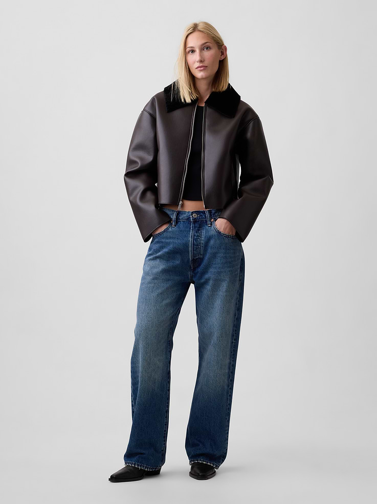 Image 3 of 5, Collared Vegan-Leather Jacket
