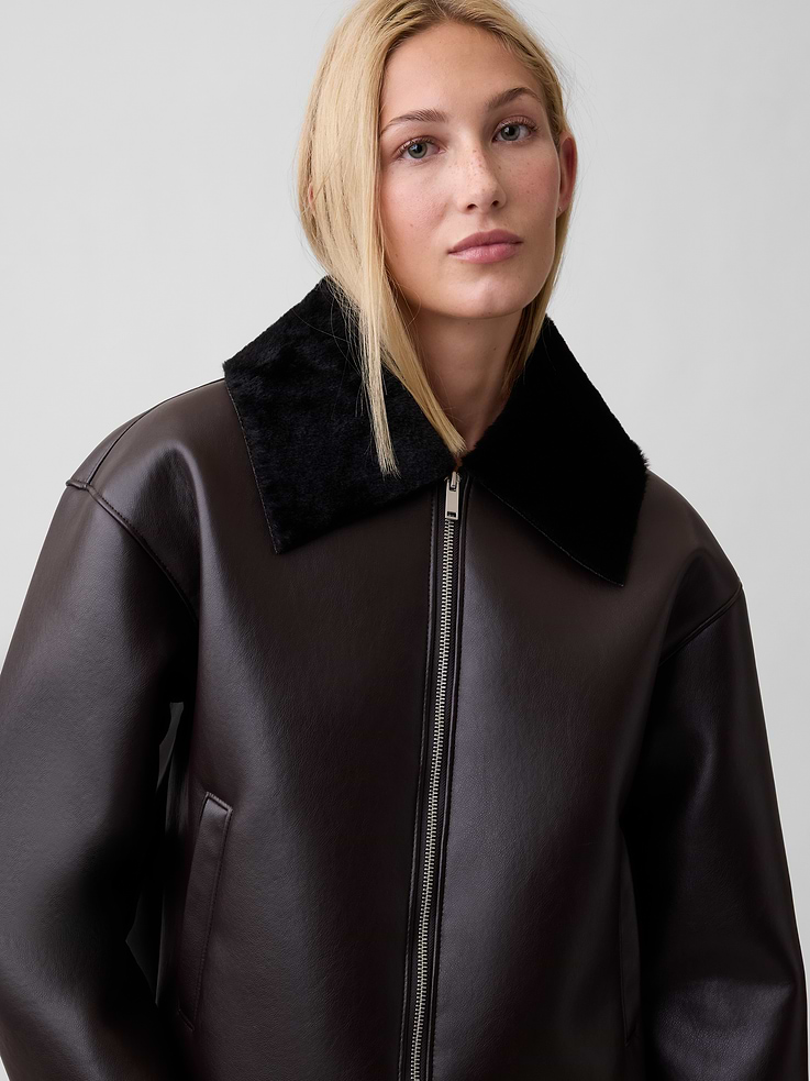 Image 4 of 5, Collared Vegan-Leather Jacket