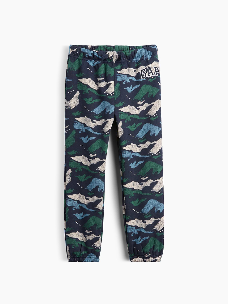Image 1 of 3, This product is made with/contains 23% recycled polyester. Compared to virgin materials, using recycled materials helps reduce resource use and waste., Soft, comfy fleece., Drawcord ties at elasticized waist are functional for sizes 2Y-6Y., Gap logo at hip., Elasticized cuffs., Select styles have allover print., Product #1184809