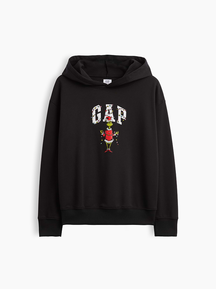Image 1 of 3, This product is made with/contains 23% recycled polyester. Compared to virgin materials, using recycled materials helps reduce resource use and waste., Soft, comfy fleece., Dropped shoulder, long sleeves with banded cuffs., Hood., Gap logo with Dr. Seuss graphic at front., Banded hem., Product #1185787