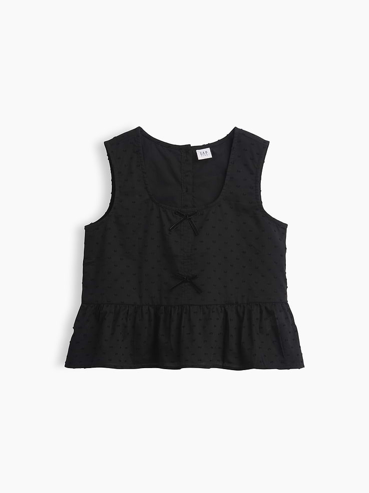 Image 1 of 3, Soft cotton top., Square neck., Back button placket., Sleeveless., Tacked bows at front., Peplum hem., Product #1184466
