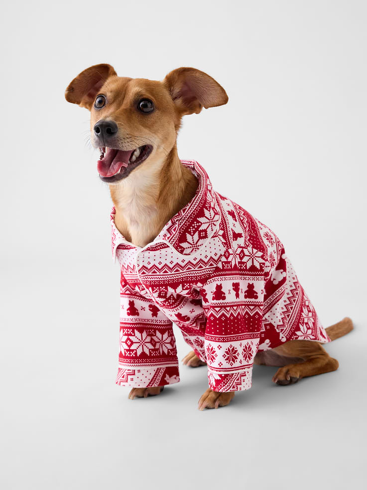 Image 1 of 2, Our softest flannel ever. Double washed for extra softness. Fully relaxed for easy comfort. Universally perfect for absolutely everyone., Supersoft cotton flannel pajama one-piece for pets. With a cozy microfleece lining., Spread collar., Velcro closure at front placket., Piping detail at edges., Allover print., Fleece lining., This product was made in a factory that invests in gender equity and women’s empowerment through RISE. Learn more at gapinc.com/equity ., Shop matching PJs for all., Product #1185353