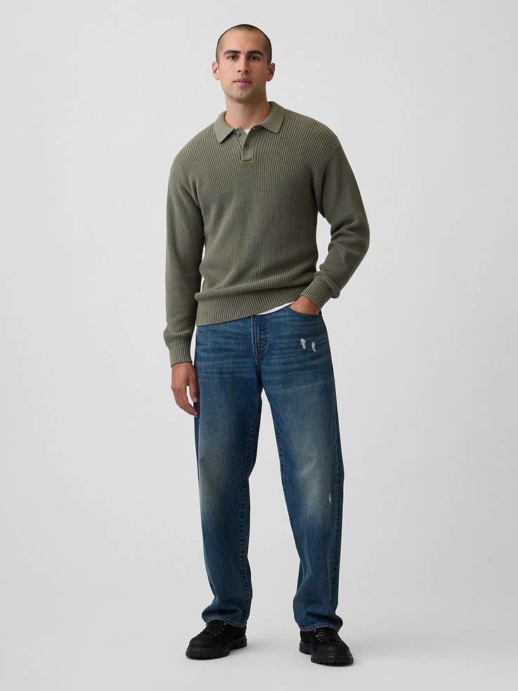 Image 3 of 5, Relaxed Ribbed Polo Sweater