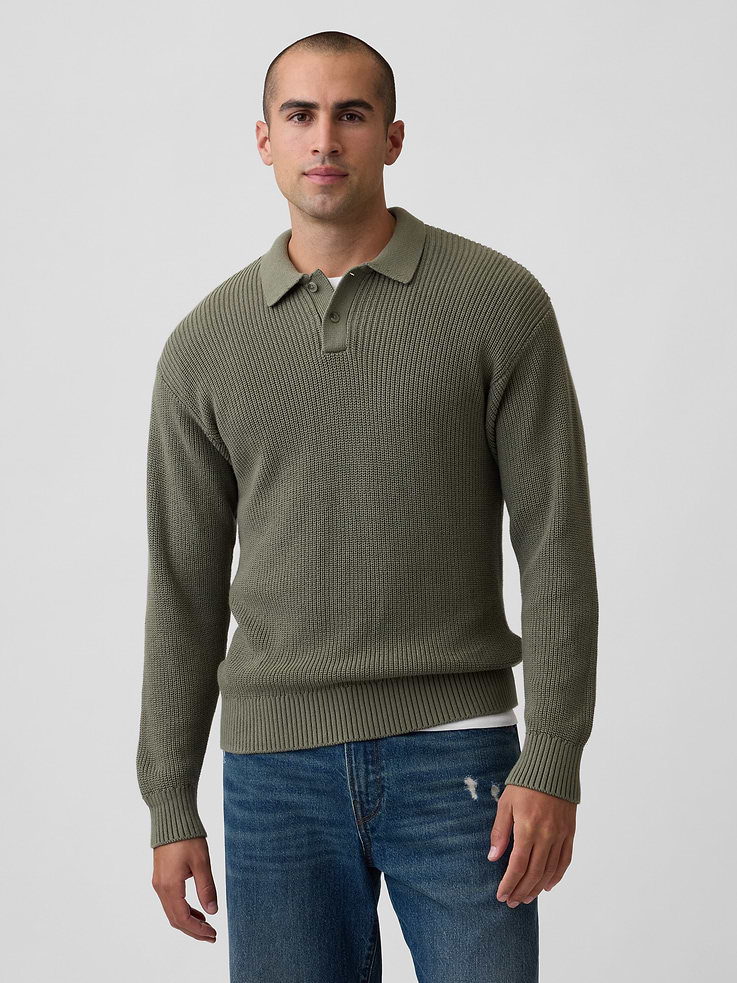 Image 1 of 5, Ribbed cotton knit., Dropped shoulder, long sleeves with ribbed cuffs., Spread collar, henley button front., Ribbed hem., This product was made in a factory that invests in gender equity and women’s empowerment through RISE. Learn more at, Product #1178479