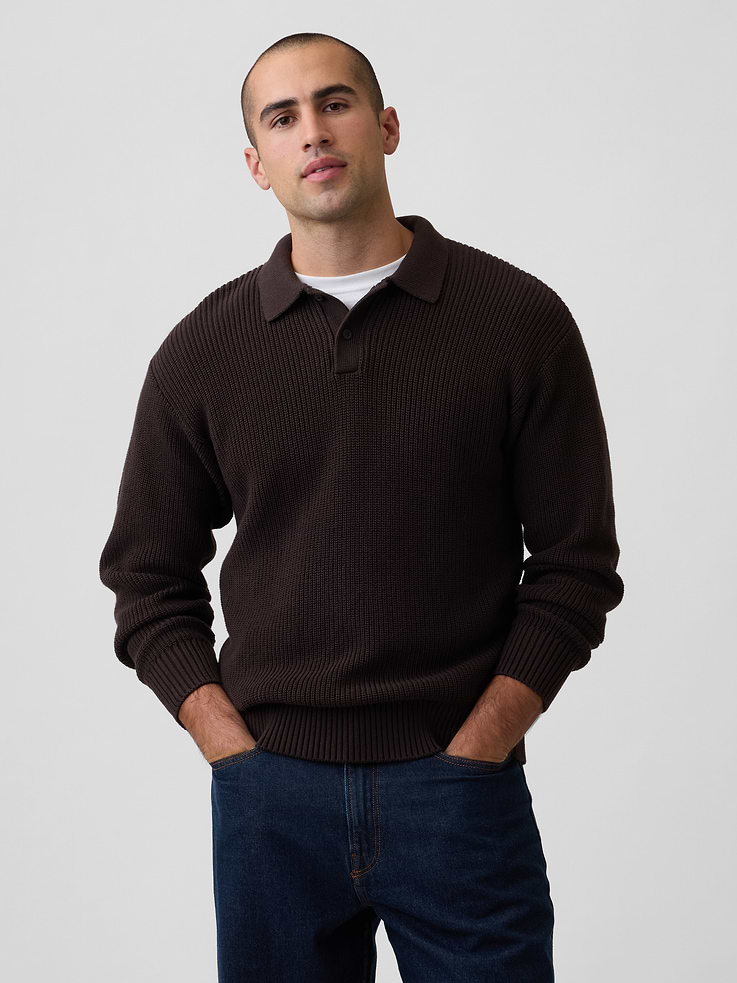 Image 1 of 5, Ribbed cotton knit., Dropped shoulder, long sleeves with ribbed cuffs., Spread collar, henley button front., Ribbed hem., This product was made in a factory that invests in gender equity and women’s empowerment through RISE. Learn more at, Product #1178479
