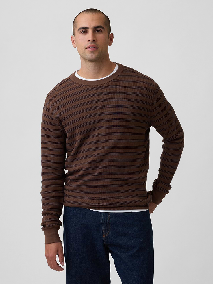 Image 1 of 5, Sof waffle knit., Long sleeves with banded cuffs., Crewneck., Allover stripes., This product was made in a factory that invests in gender equity and women’s empowerment through RISE. Learn more at, Product #1195154