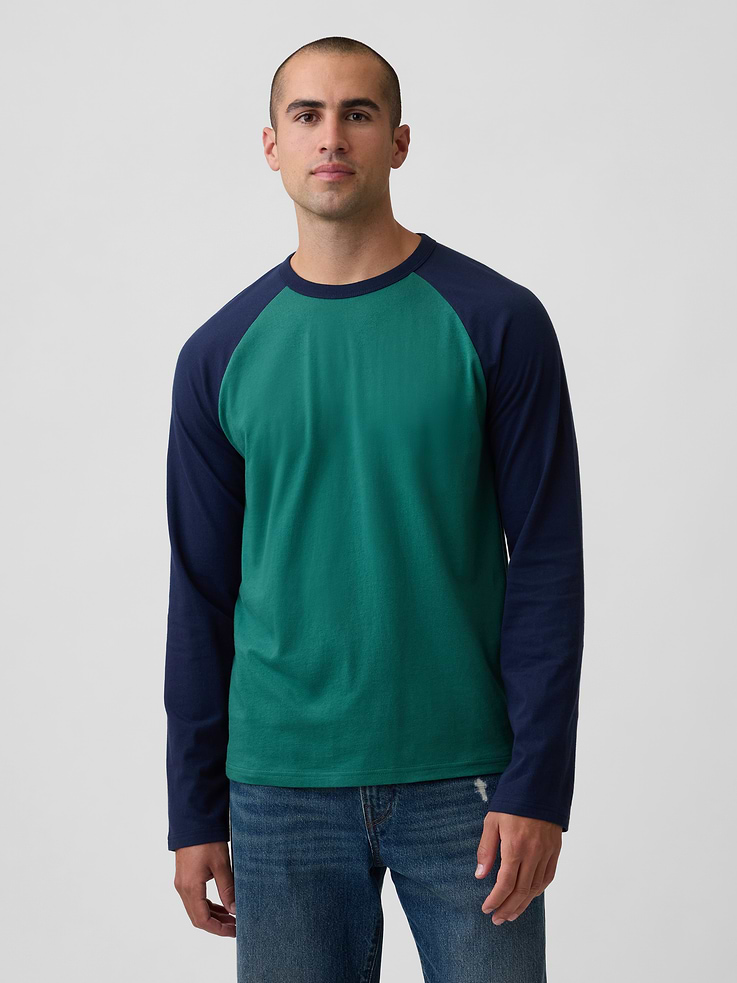 Image 1 of 5, Soft jersey knit., Colorblocking at long raglan sleeves., Crewneck., This product was made in a factory that invests in gender equity and women’s empowerment through RISE. Learn more at, Product #1195157