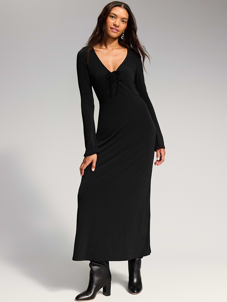 Image 1 of 10, v-neck, long sleeves with flared cuffs, gathered front with tie detail, empire waist seam, maxi length, Product #1185410
