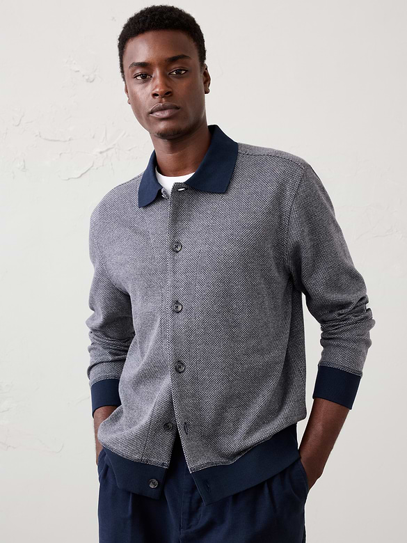 Herringbone Knit Polo Cardigan