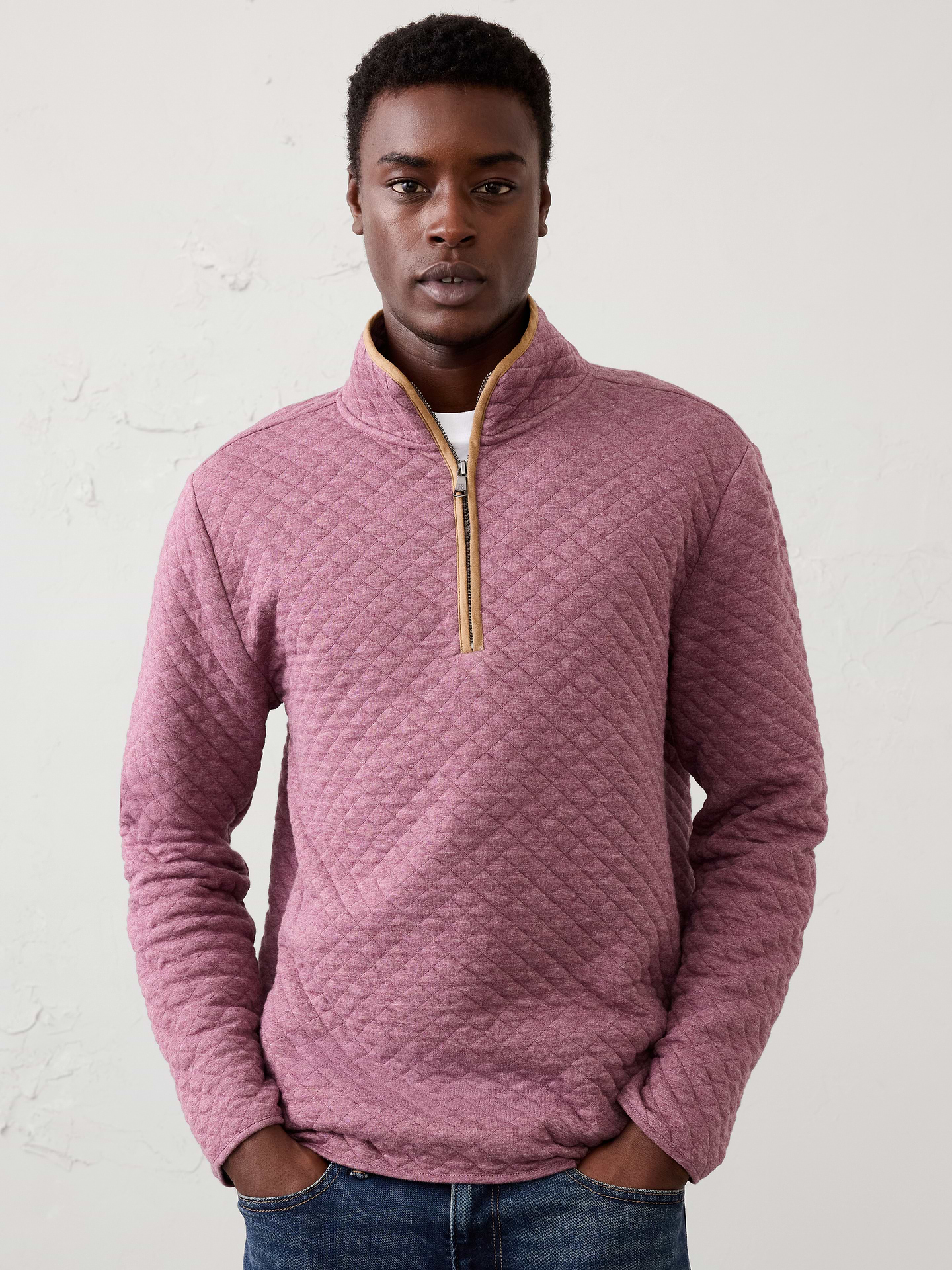 Image 1 of 5, Made from a soft diamond‑quilted fabric, this quarter‑zip delivers warmth with a refined, textured look. Easy to layer over tees and shirts, it offers versatile comfort and polished style for cooler days., Mock neck. Long sleeves., Quarter-zip neckline., Vegan suede contrast trim details., Diamond quilting throughout adds texture and lightweight insulation., Made exclusively for Banana Republic Factory., To view a copy of this product’s label, copy the style number below and search this database Law Label Lookup <, Product #1181066