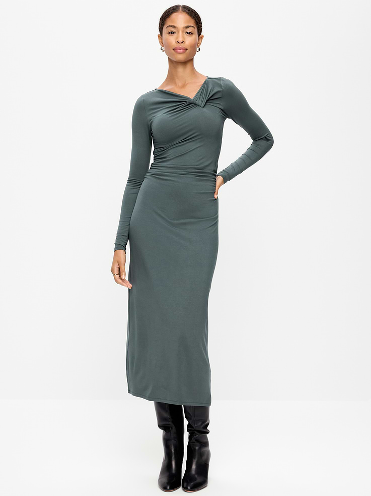 Image 1 of 10, twist-front neckline, long sleeves, ruching at sides, midi length, Product #1185459