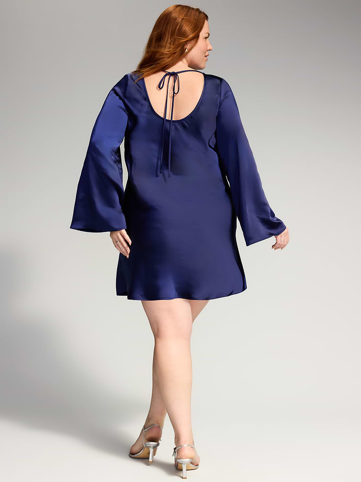 Image 7 of 7, The Occasion by Old Navy Bell-Sleeve Satin Tie-Back Mini Dress