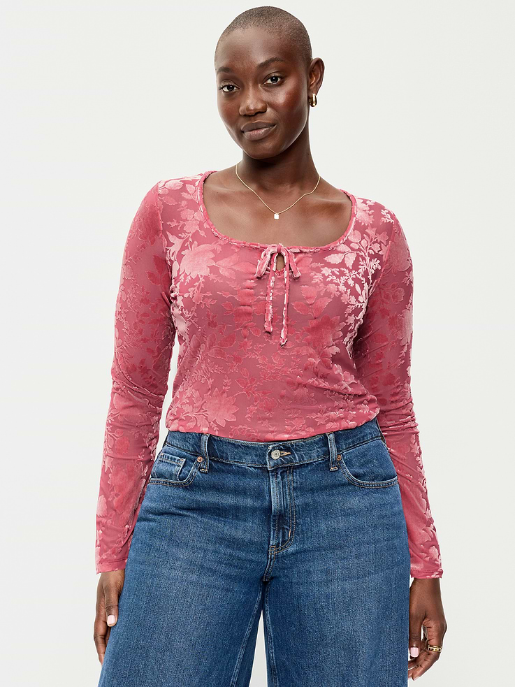 Image 4 of 5, Long-Sleeve Burnout Velvet Top