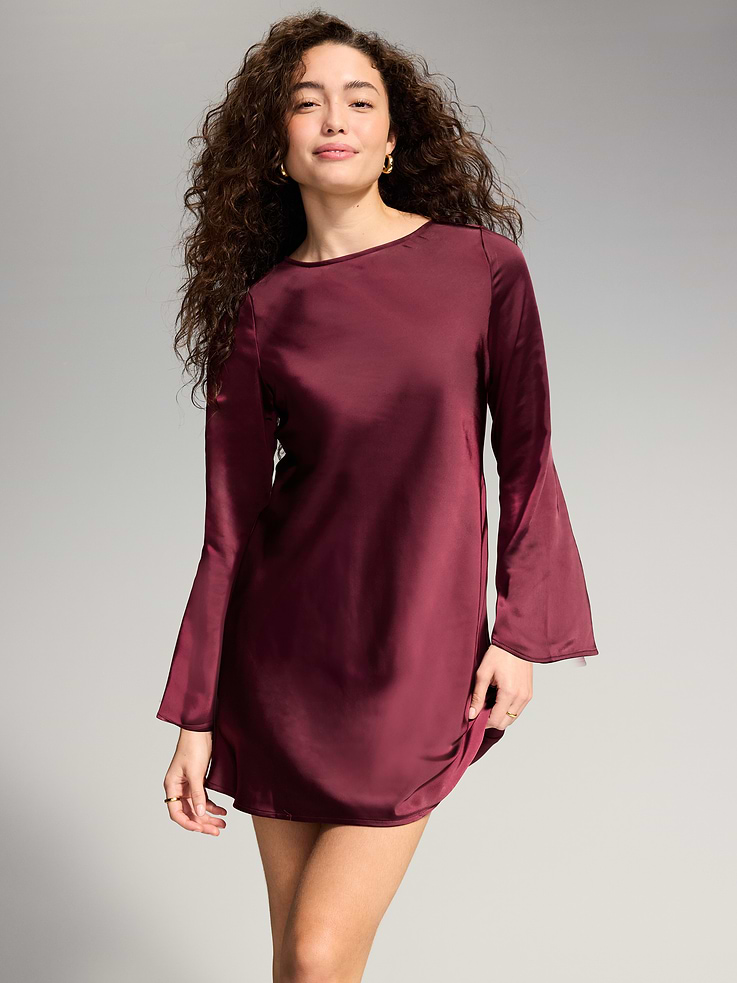 Image 3 of 9, The Occasion by Old Navy Bell-Sleeve Satin Tie-Back Mini Dress