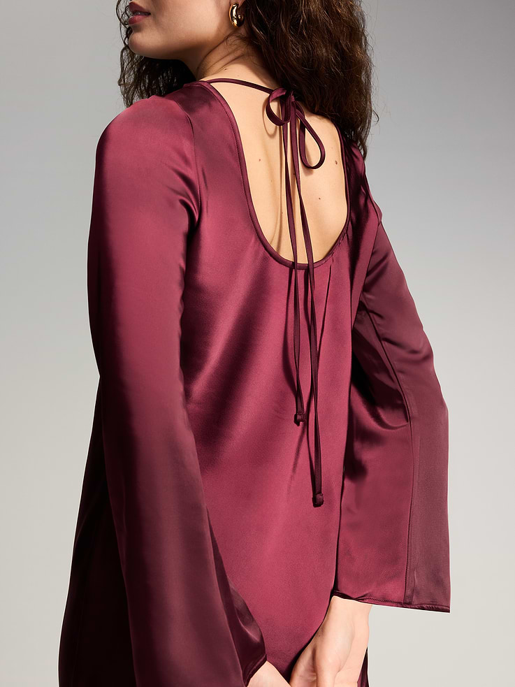 Image 5 of 9, The Occasion by Old Navy Bell-Sleeve Satin Tie-Back Mini Dress