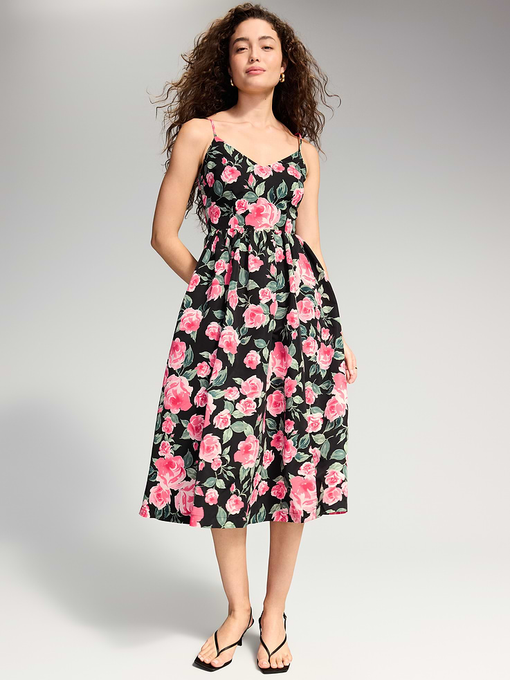 Image 1 of 9, v-neck, sleeveless, adjustable straps, seamed bodice, smocked back panel, gathered waist, on-seam side pockets, Product #1196183