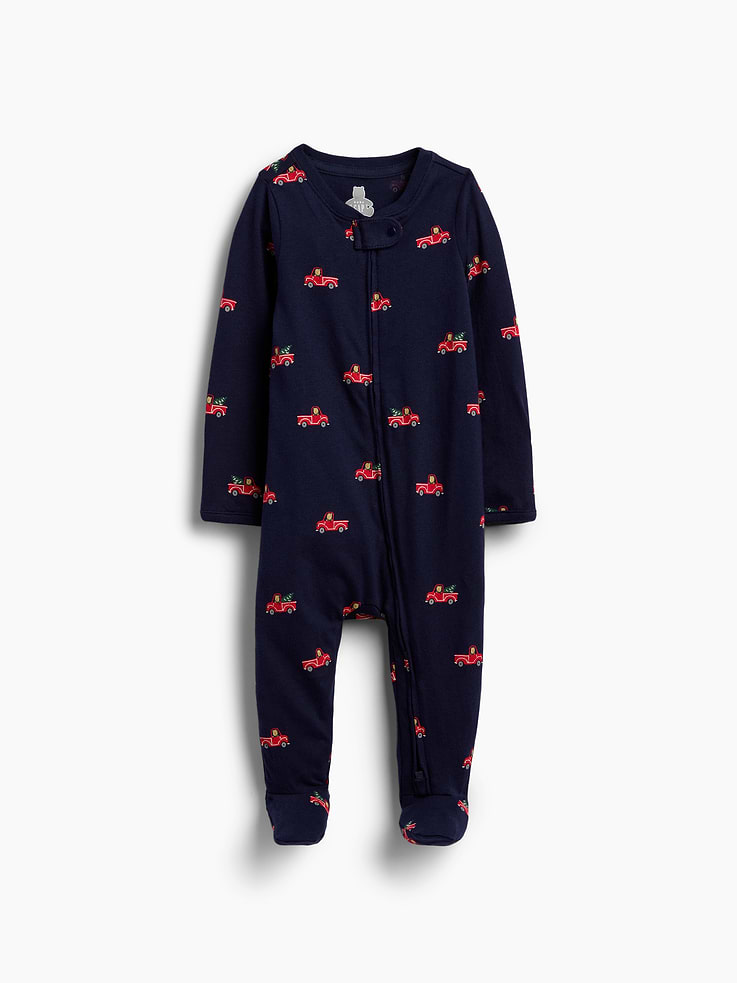 Image 1 of 2, Soft cotton jersey baby footed one-piece., Crewneck with snap tab to protect little chins., Long sleeves with foldover cuffs to prevent scratches., Reversible two-way zipper for easy dressing and diapering., Made with 100% organically grown cotton which is grown without the use of synthetic pesticides and fertilizers., Explore our babyGap Guide ., This product was made in a factory that invests in gender equity and women’s empowerment through RISE. Learn more at gapinc.com/equity ., Product #1186053