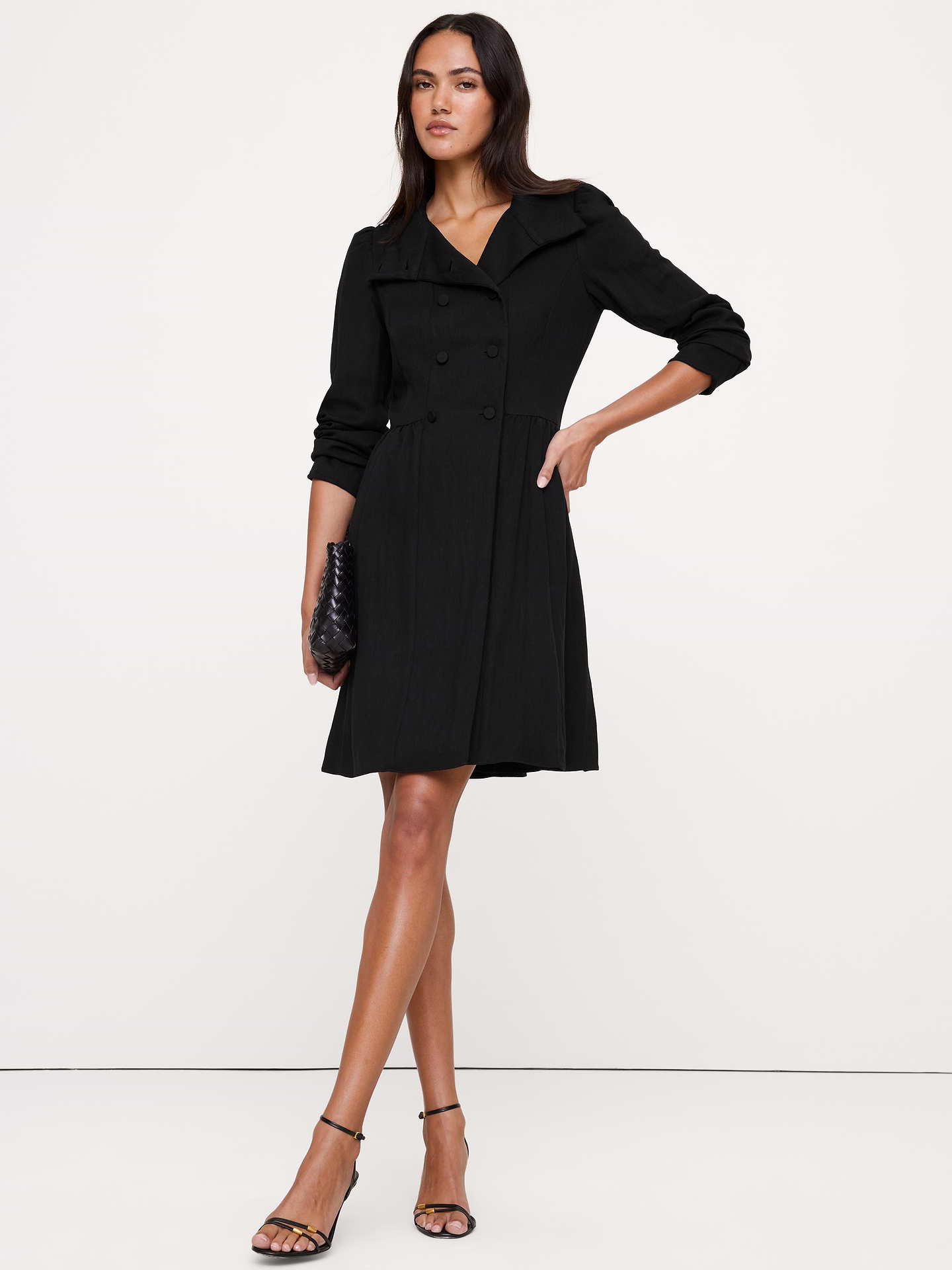 Image 1 of 3, We cut this mini dress in soft, drapey twill so it's a bit more dressed up. We added a double-breasted front and kept the waist defined., Fit & Flare: Fitted shoulders, straight through the bust, defined waist with a flare skirt., Double-breasted button front. Notch lapel., Lined., Product #1182098
