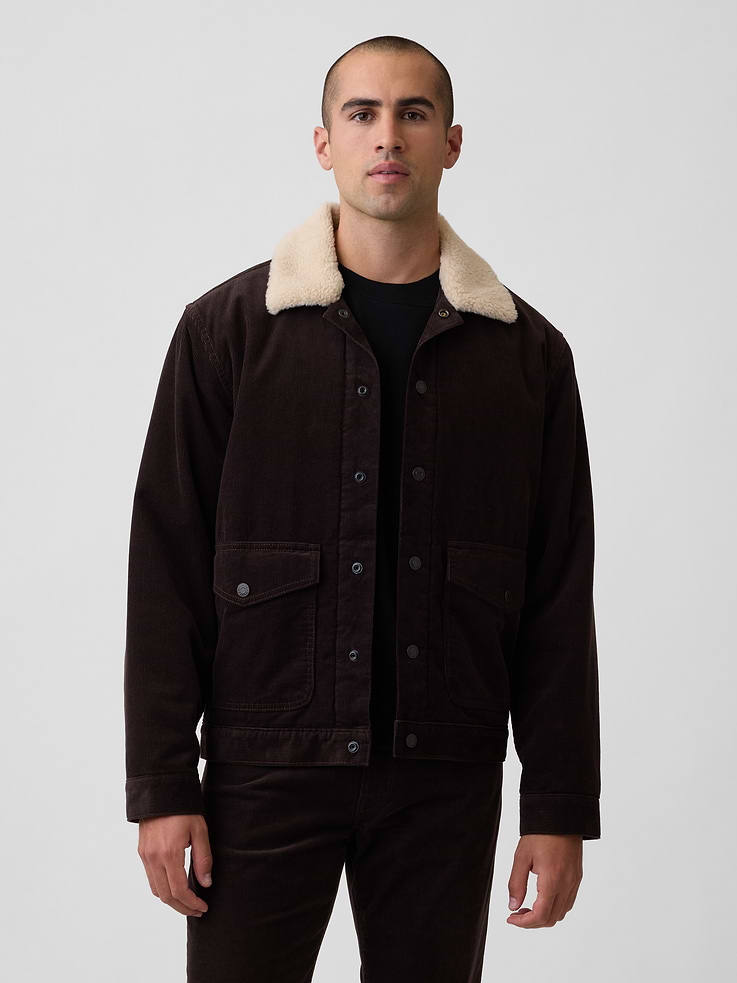 Image 1 of 5, Smooth corduroy weave., Long sleeves with snap cuffs., Sherpa spread collar, snap front., Patch pockets with snap closures at front., This product was made in a factory that invests in gender equity and women’s empowerment through RISE. Learn more at, Product #1186765
