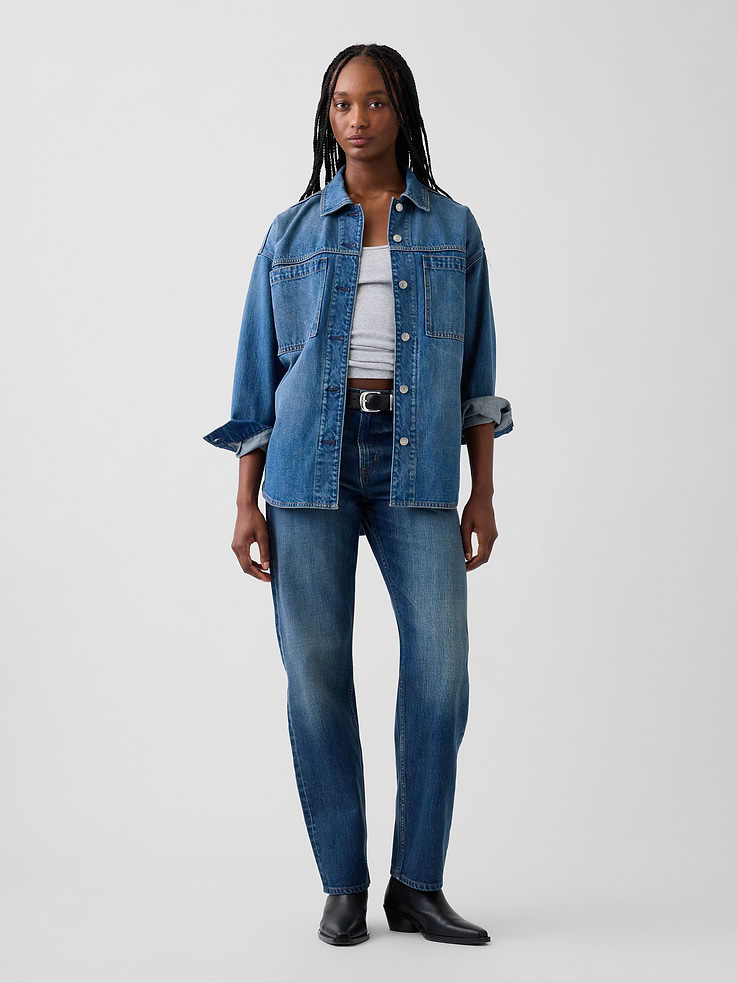 Image 1 of 2, Fit: A full-length jean that's fitted at the waist with a straight leg and tapered ankle., Fabric: 100% Cotton., Stretch: No Stretch Jeans. Authentic denim that gets better with every wear. Made to wear all day & break in over time., Rise: Mid Rise Jeans., Look: A five-pocket, tapered straight jean in a dark tint wash., Details: Zip fly & five-pocket styling., Responsibly Made: This pair of jeans is part of our water-saving Washwell program. Compared with conventional wash methods, Washwell uses at least 20% less water., More Sustainable Cotton: Made with 5% recycled cotton. Compared to virgin materials, using recycled materials helps reduce resource use and waste., This product was made in a factory that invests in gender equity and women’s empowerment through RISE. Learn more at gapinc.com/equity ., Product #1185296