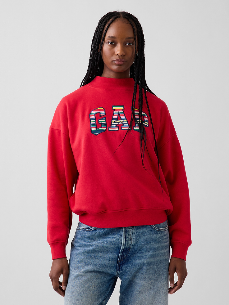 Image 1 of 5, Soft cotton-blend fleece sweatshirt. In an ultra oversized fit and longer length., Mockneck., Long sleeves with drop shoulders., Gap Original logo with Happy Stripe design., Banded rib cuffs and hem., Product #1201981