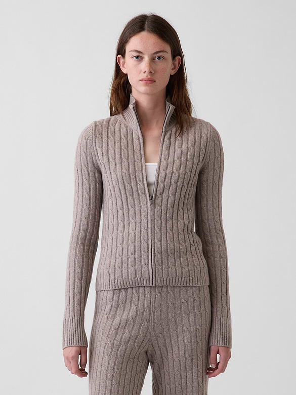CashSoft Cable-Knit Zip Cardigan