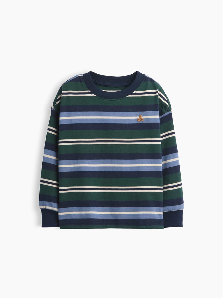 Image 1 of 1, Soft heavyweight cotton jersey T-shirt., Crewneck., Long sleeves with drop shoulders and banded cuffs., Embroidered Brannan Bear at chest., Certain styles have allover stripes., This product was made in a factory that invests in gender equity and women’s empowerment through RISE. Learn more at gapinc.com/equity ., Product #844107