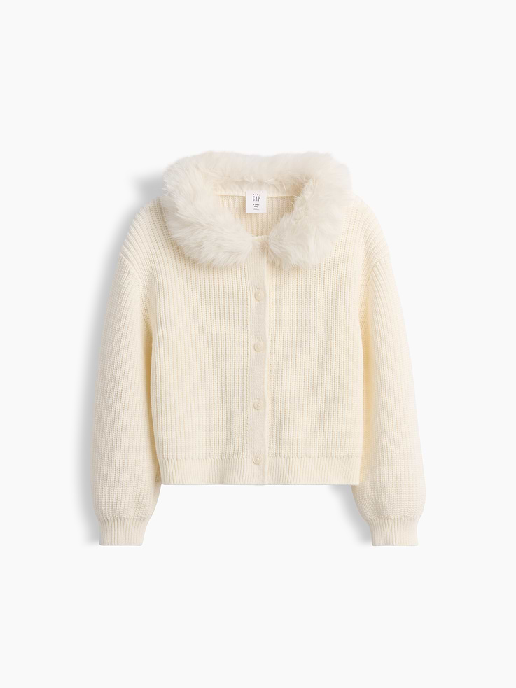 Image 1 of 4, Soft knit cotton cardigan sweater., Faux fur collar., Long sleeves., Button front., Ribbed cuffs and hem., Product #1184976