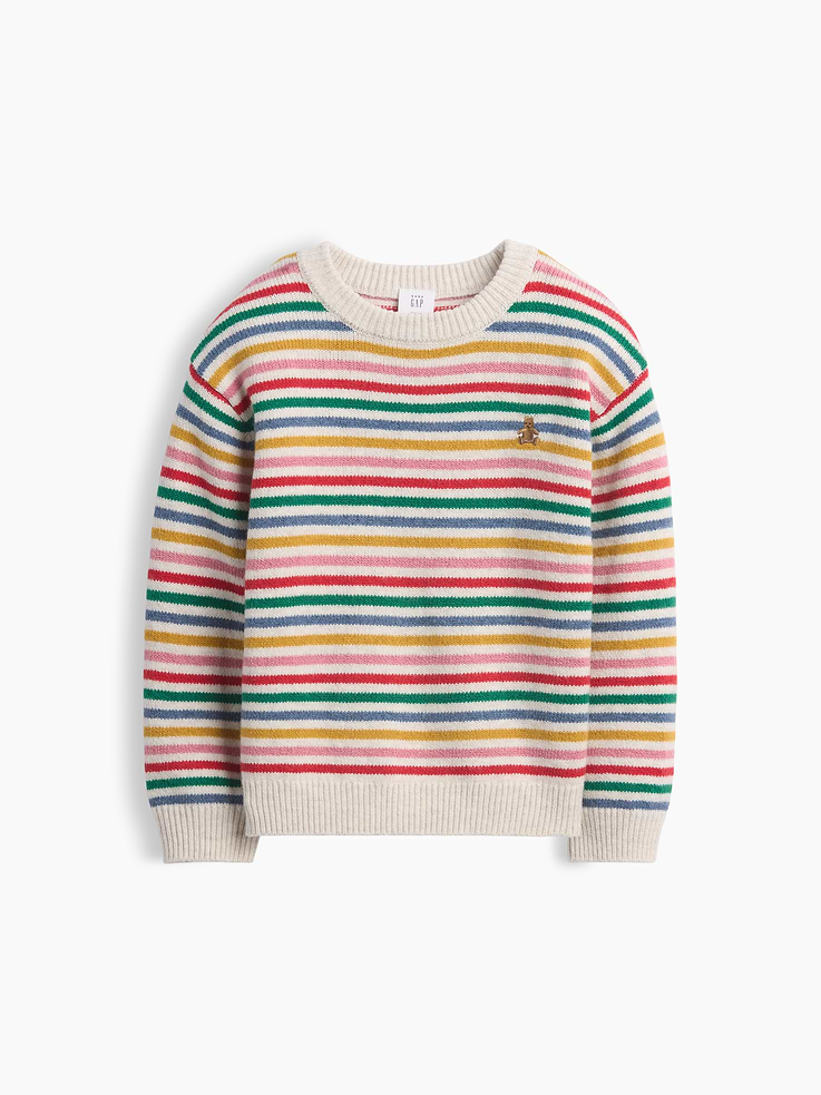 Image 1 of 4, Our bestselling fabric that feels cashmere-soft. Crafted in a midweight plush yarn. Refined with a special brushed technique. It's everyday luxury., Supersoft knit cotton-blend sweater., Crewneck., Long sleeves with drop shoulders., Embroidered Brannan Bear at chest., Allover Happy Stripe., Ribbed cuffs and hem., Product #1184978