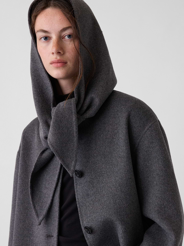 Image 4 of 5, Wool-Blend Hooded Tie-Neck Coat