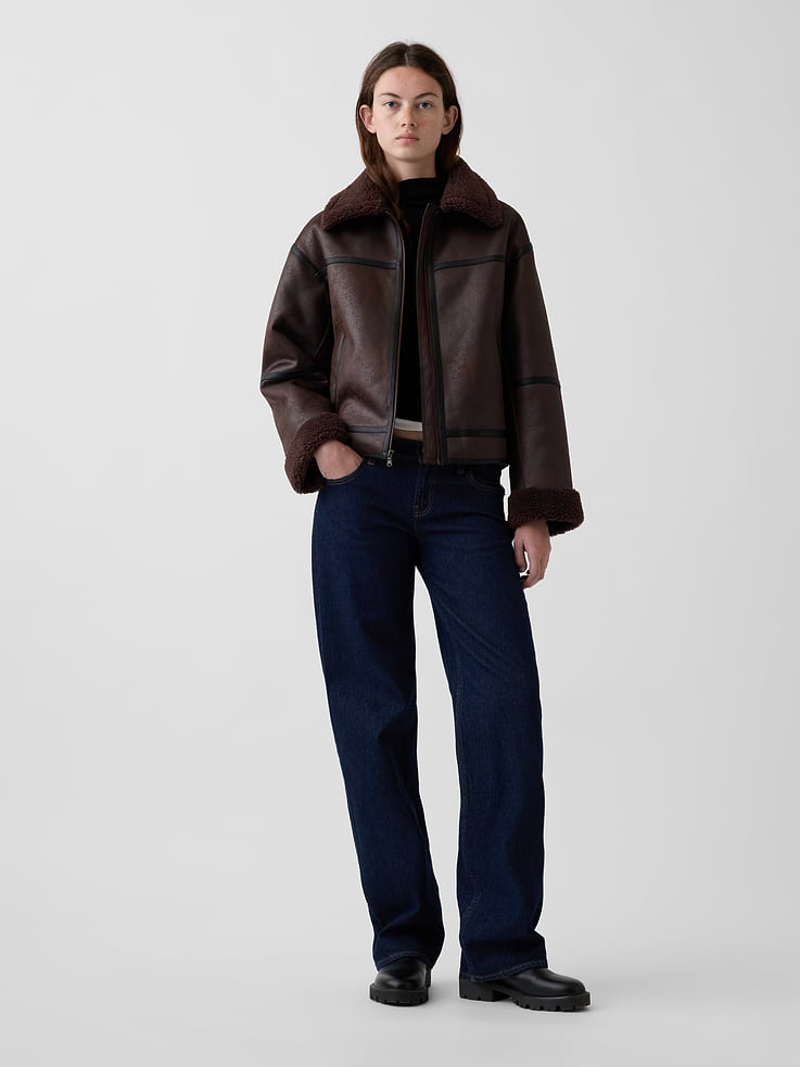 Image 2 of 6, Sherpa & Vegan Leather Flight Jacket