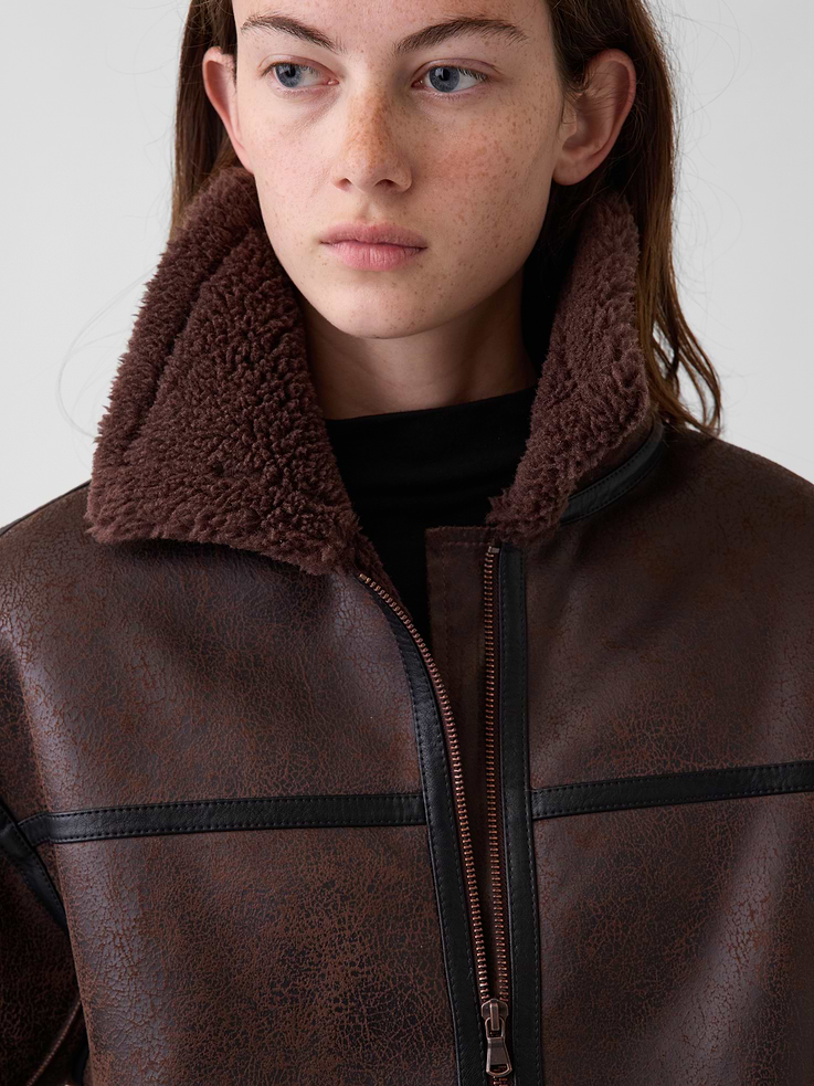Image 4 of 6, Sherpa & Vegan Leather Flight Jacket
