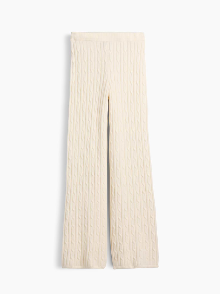 Image 1 of 2, Supersoft cable-knit cotton-blend sweater pants. In a relaxed fit., Elasticized waist., Ribbed hem., This product was made in a factory that invests in gender equity and women’s empowerment through RISE. Learn more at gapinc.com/equity ., Product #1186085