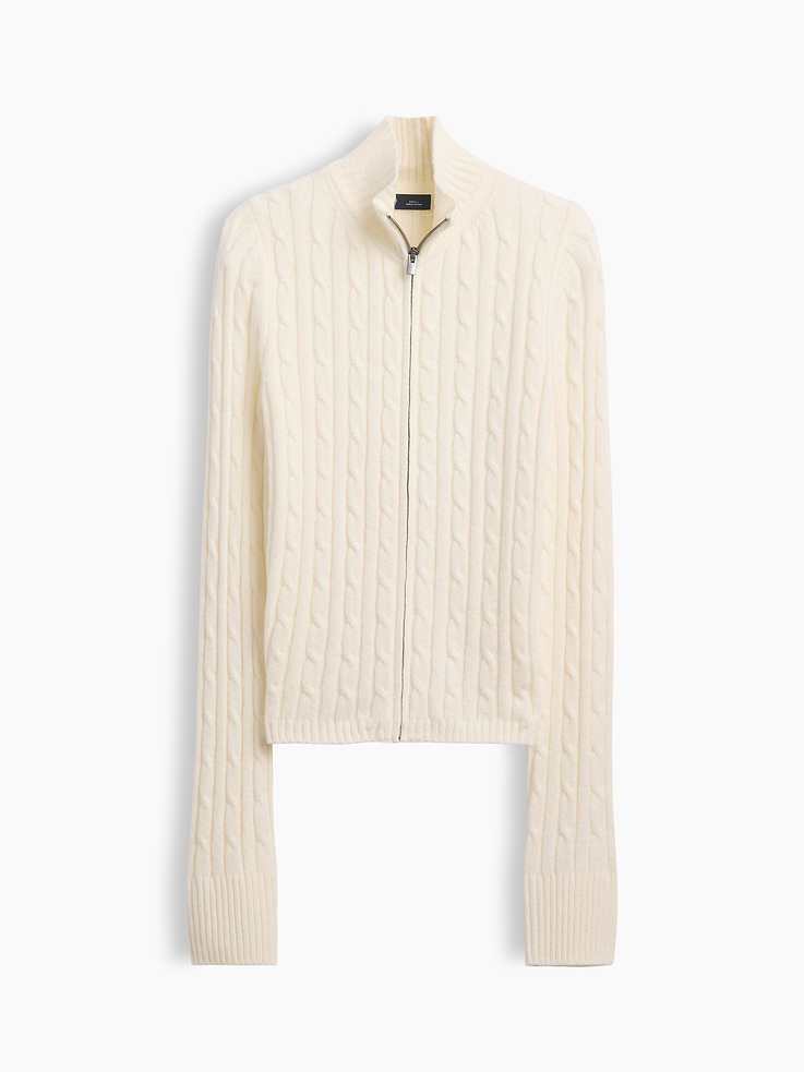 Image 1 of 2, Supersoft cable-knit cotton-blend zip cardigan., Mockneck, zipper front., Long sleeves., Ribbed cuffs and hem., This product was made in a factory that invests in gender equity and women’s empowerment through RISE. Learn more at gapinc.com/equity ., Product #1186083
