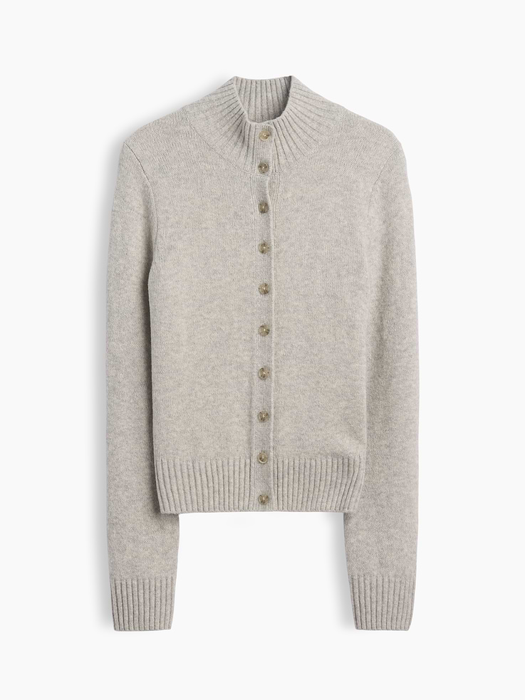 Image 1 of 2, Supersoft cotton-blend fitted cardigan sweater. In a slightly cropped length., Mockneck, button front., Long sleeves., Ribbed cuffs and hem., Product #1192306