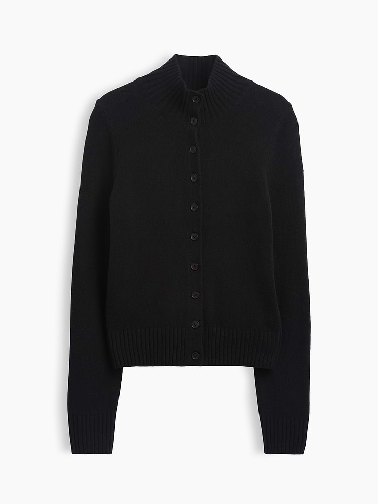 Image 1 of 2, Supersoft cotton-blend fitted cardigan sweater. In a slightly cropped length., Mockneck, button front., Long sleeves., Ribbed cuffs and hem., Product #1192306