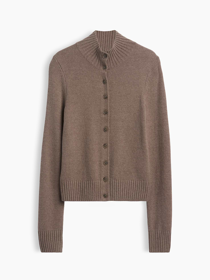 Image 1 of 3, Supersoft cotton-blend fitted cardigan sweater. In a slightly cropped length., Mockneck, button front., Long sleeves., Ribbed cuffs and hem., Product #1192306