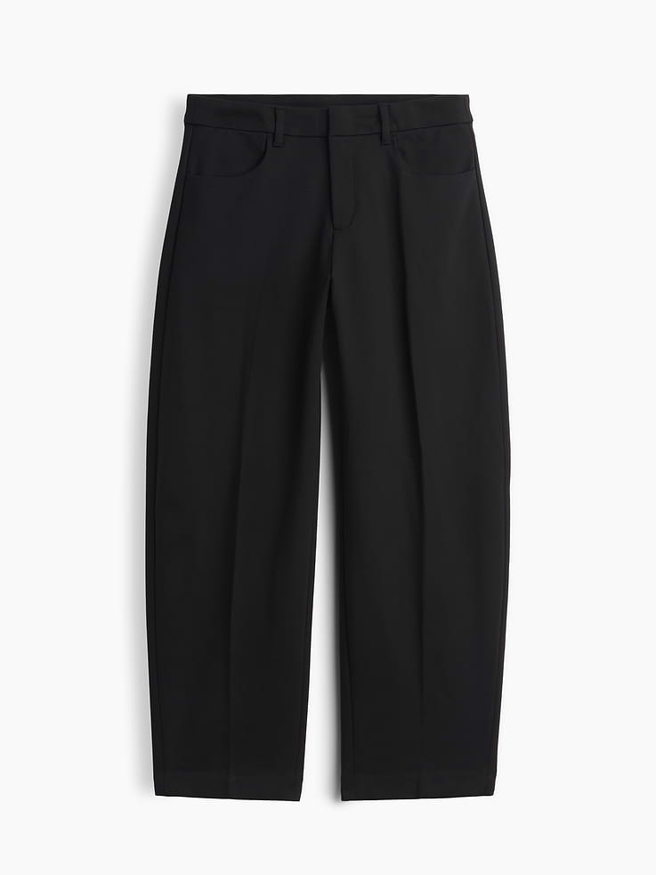 Image 1 of 2, Feels like workwear on vacation — meet your new 24/7 uniform., Soft, stretch double-knit ponte barrel pants., Inside hook-and-eye and button closures, zip fly., Front scoop pockets, back welt pockets., This product was made in a factory that invests in gender equity and women’s empowerment through RISE. Learn more at gapinc.com/equity ., Product #1192308