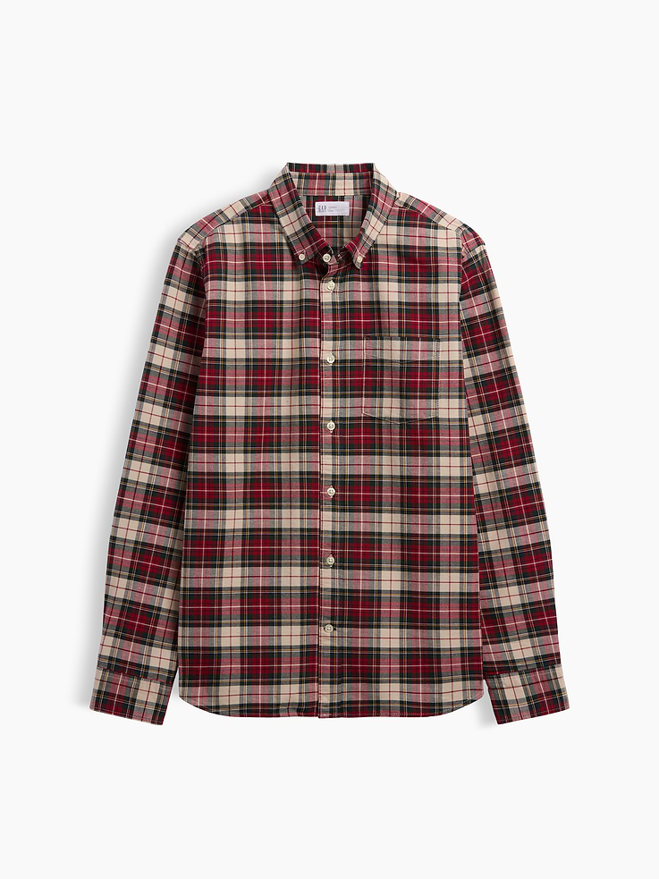 Image 1 of 3, Smooth oxford weave., Long sleeves with button cuffs., Button-down collar, button front., Patch pocket at chest., Curved shirttail hem is longer at back., Select styles have allover print, stripes, or plaid., Product #608574