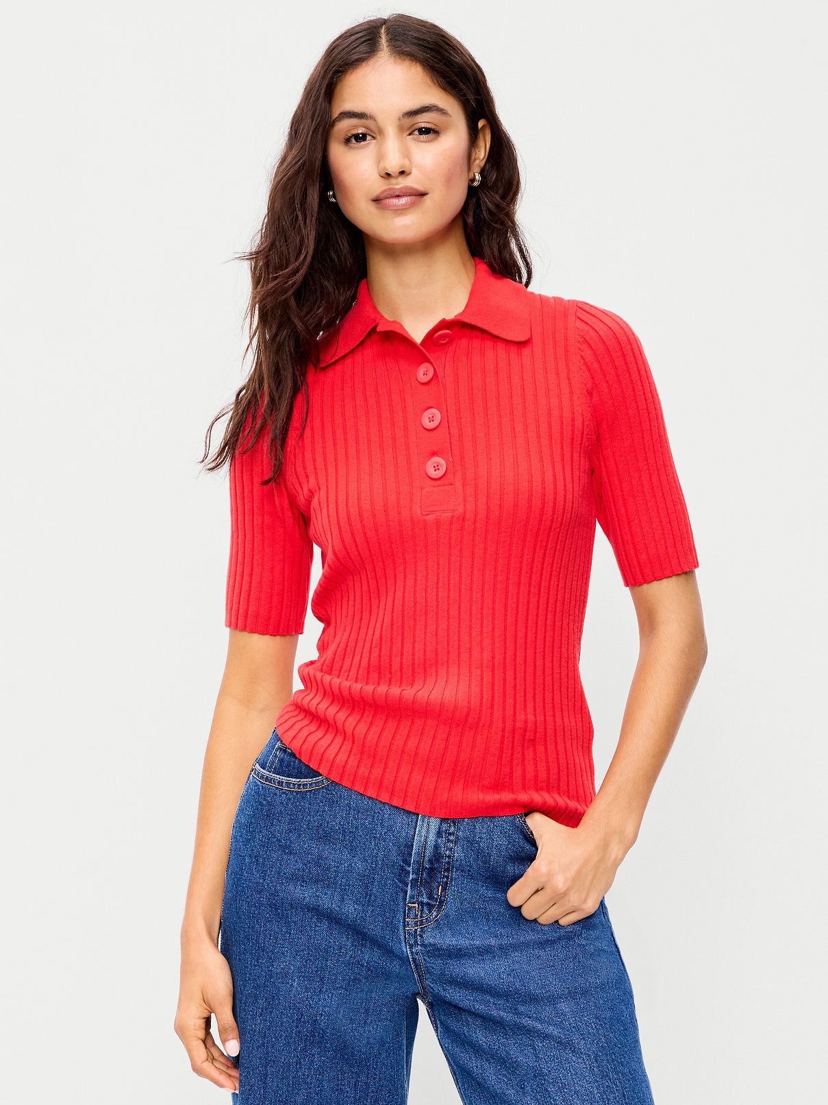 Image 1 of 3, spread collar, 4-button placket, elbow-length short sleeves, pullover style, Product #1195913