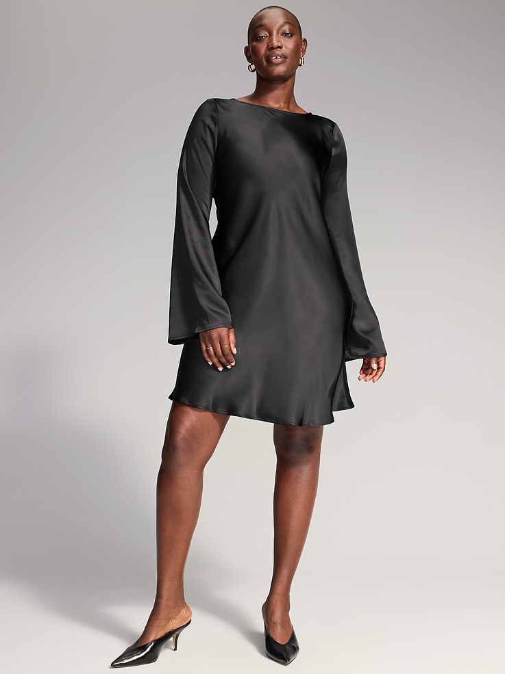 Image 6 of 7, The Occasion by Old Navy Bell-Sleeve Satin Tie-Back Mini Dress