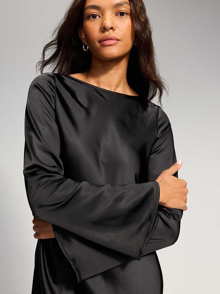 Image 5 of 7, The Occasion by Old Navy Bell-Sleeve Satin Tie-Back Mini Dress