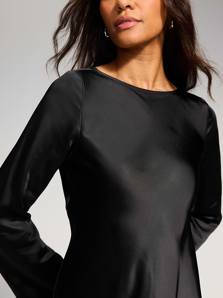 Image 4 of 7, The Occasion by Old Navy Bell-Sleeve Satin Tie-Back Mini Dress