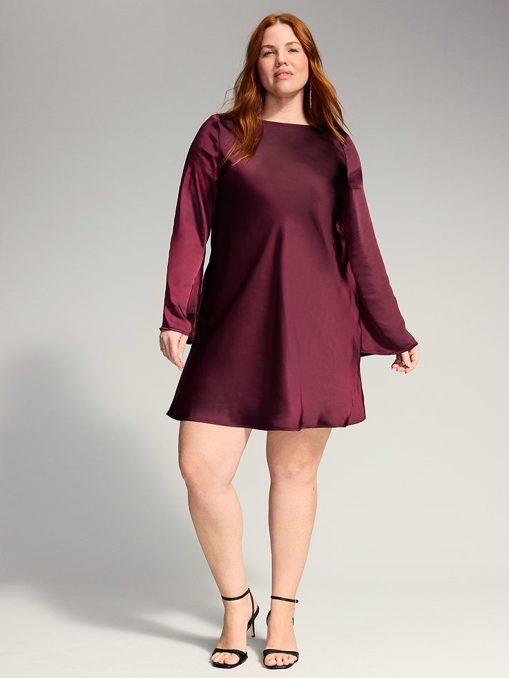 Image 8 of 9, The Occasion by Old Navy Bell-Sleeve Satin Tie-Back Mini Dress