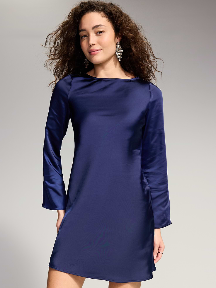 Image 3 of 7, The Occasion by Old Navy Bell-Sleeve Satin Tie-Back Mini Dress