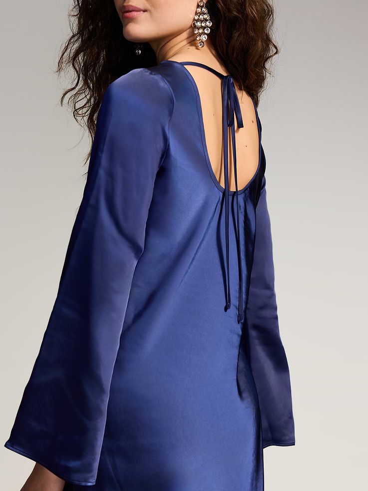 Image 5 of 7, The Occasion by Old Navy Bell-Sleeve Satin Tie-Back Mini Dress