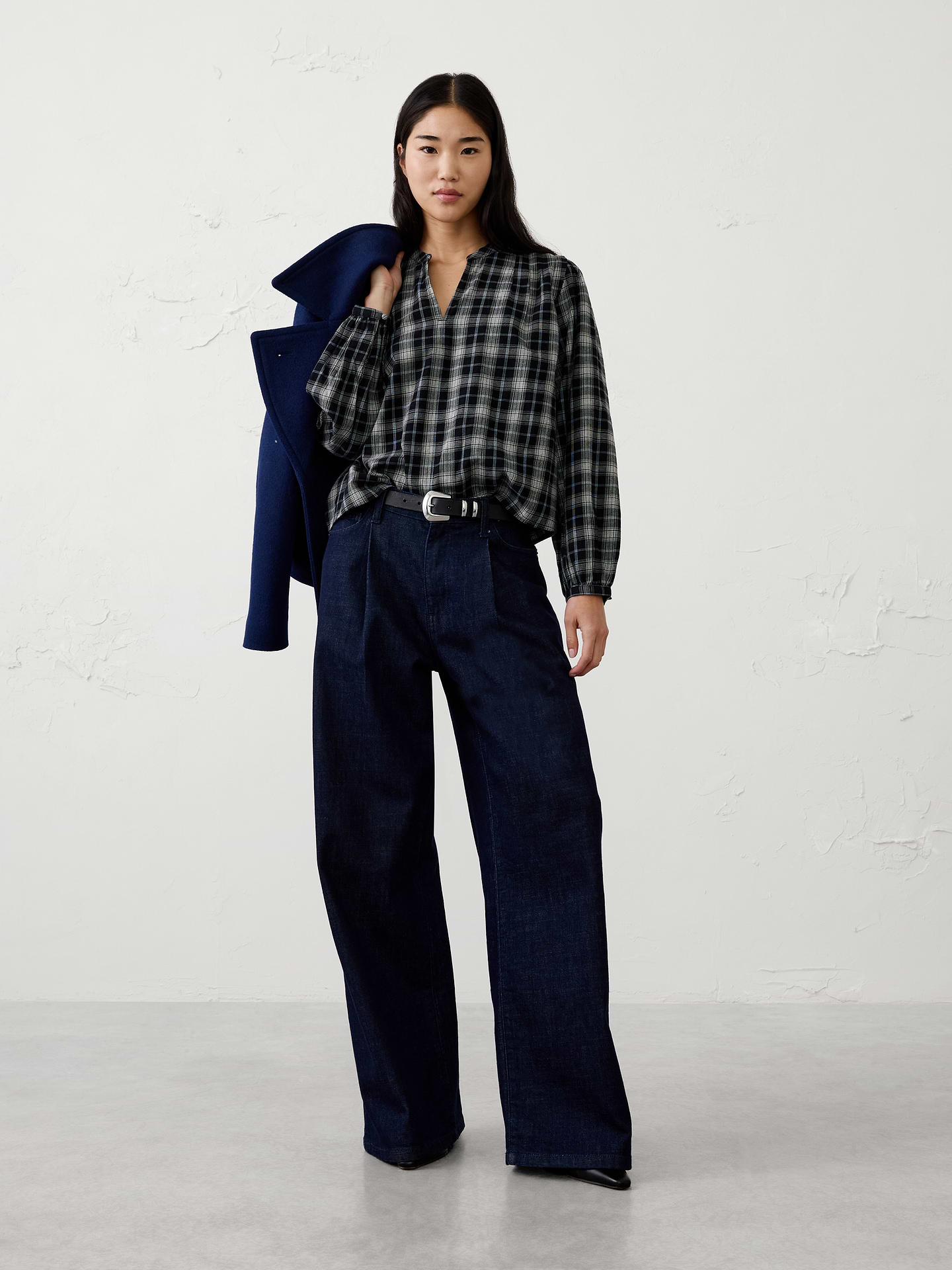 Image 3 of 4, Flannel Pleated-Shoulder Blouse