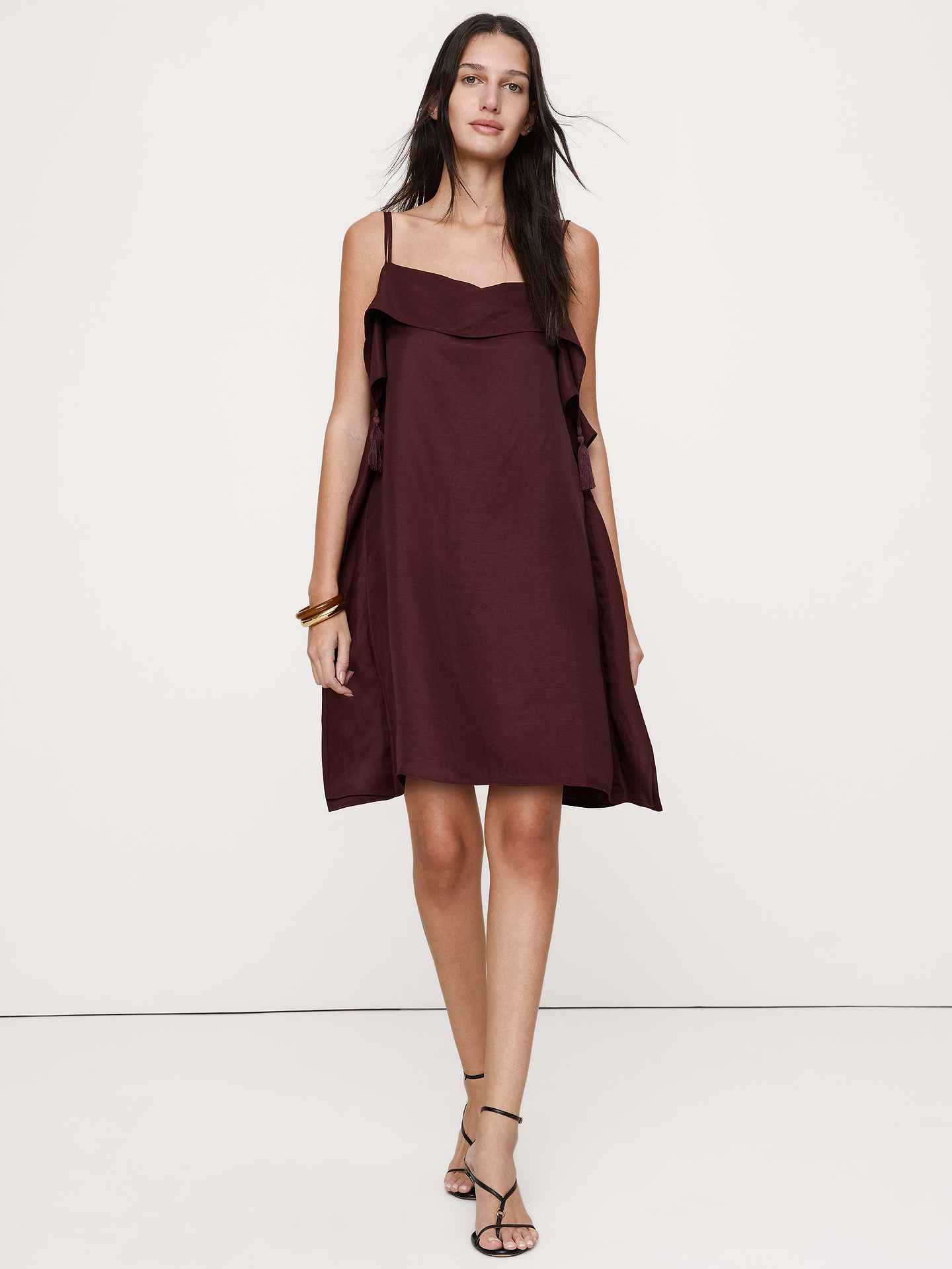 Image 1 of 4, This mini dress is crafted in a silky blend of viscose and linen—an ideal choice in hot, humid weather. We added tassel-trim for playful movement., Sheath Fit: Sits close to the body with a straight skirt., Product #900210